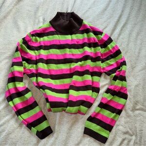 Passport Vibrant Pink and Green Striped Turtleneck Sweater